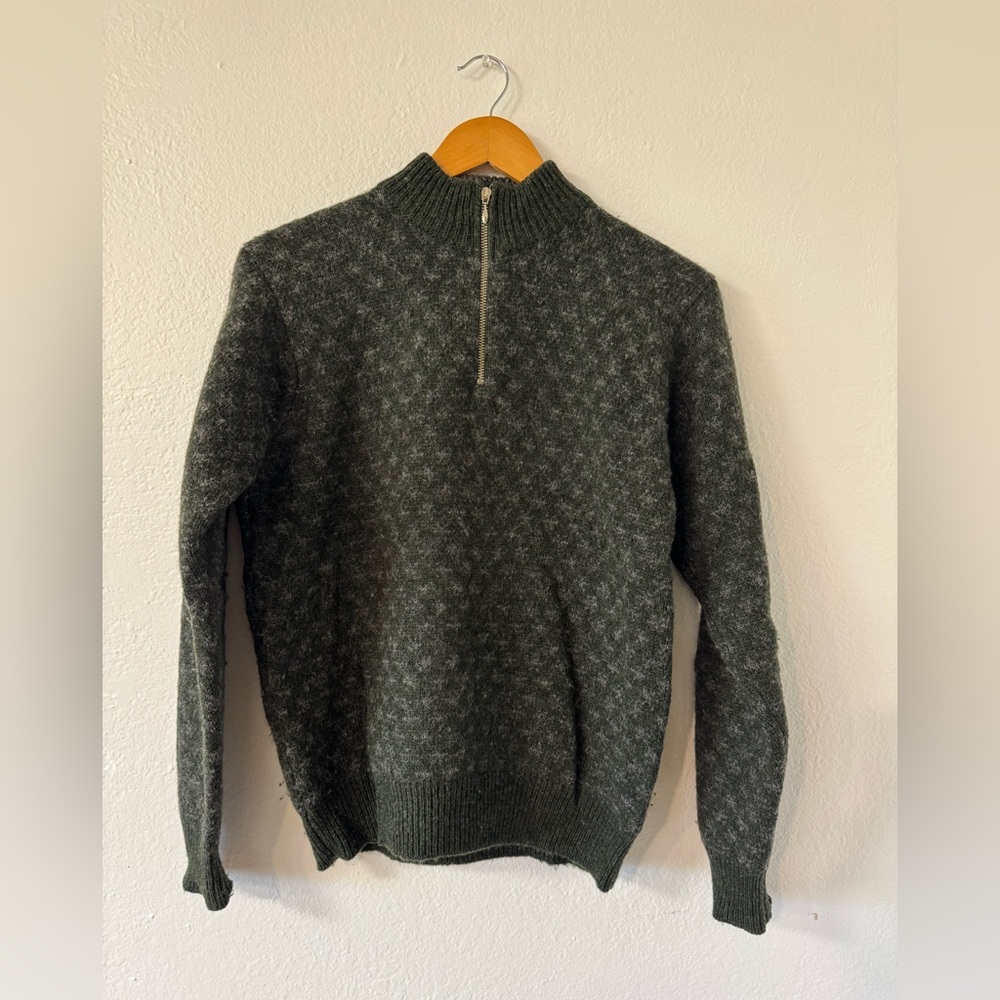 J. Crew Dark Green Patterned Zip-Up Wool Sweater, Size Small